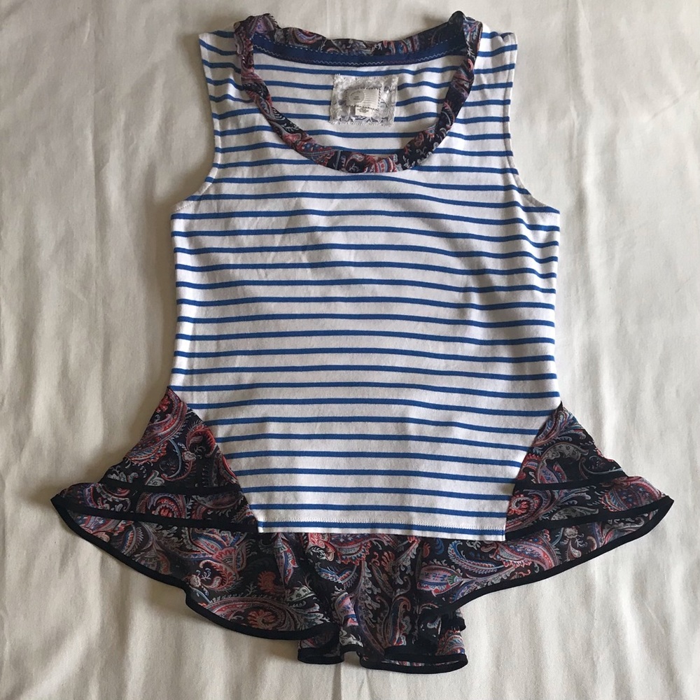 White & Blue Stripe Paisley Ruffle Top